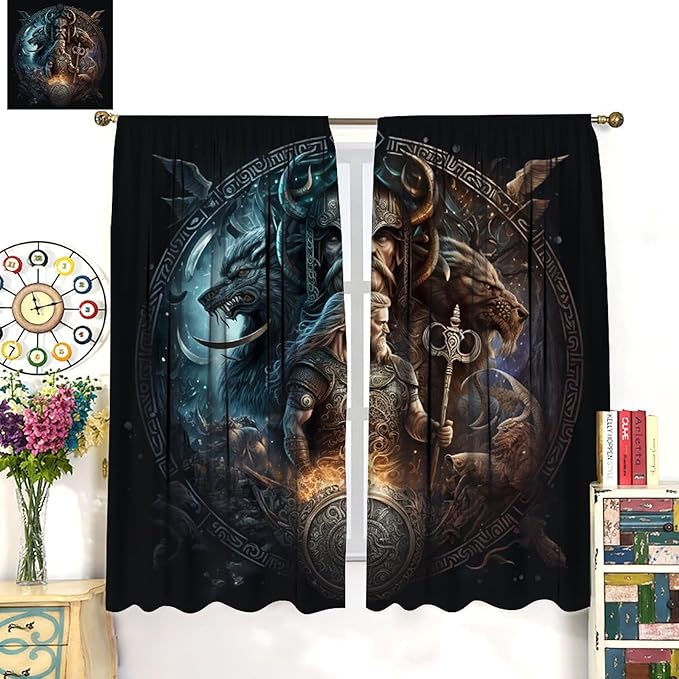 Cool Norse Viking Theme Curtains - Fantasy Ancient Symbols Wildlife Wolf Nordic Vikings Thermal Insulated Blackout Curtains - Rod Pocket Window Treatment Drapes for Bedroom 2 Panels 72L x 31.5W
