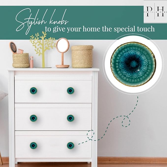 Perilla Home Set of 6 Ceramic Knobs Decorative Round Knobs for Home Kitchen Cabinet Vintage Hardware Cupboard Door Dresser Wardrobe Drawer Pulls (Turquoise)