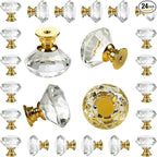 DEELF 24 Packs Kitchen Cabinet Knobs, 40 mm Crystal Cabinet Knobs, Diamond Dresser Handle Drawer Pulls, Dresser Knobs for Cabinets and Drawers, Gold Base
