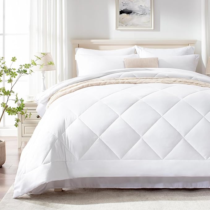 Love's cabin California King Comforter Set White, 7 Pieces California King Bed in a Bag, All Season Bedding Sets with 1 Comforter, 1 Flat Sheet, 1 Fitted Sheet, 2 Pillowcase and 2 Pillow Sham