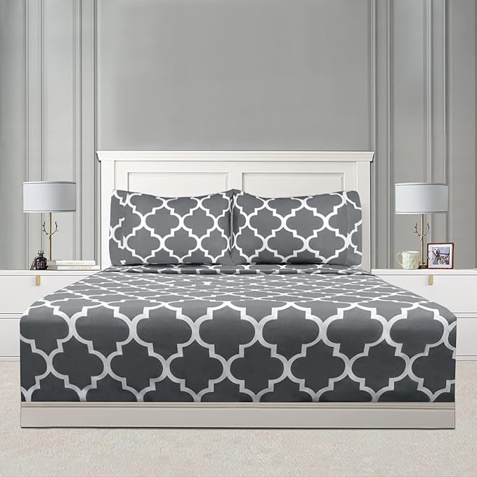 Mejoroom Full Bed Sheet Set - Super Soft Brushed Microfiber 1800 Thread Count Sheets with 16 inch Deep Pocket - Wrinkle Free - 4 Piece(Full, Gray Quatrefoil with White Pattern)