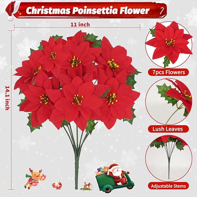 16 Pack Poinsettia Flowers Artificial Christmas Decorations, Red Poinsettia Flowers for Christmas Tree, Velvet Poinsettias Artificial Flowers for Xmas Decor DIY for Home Vase Indoor Outdoor Garden