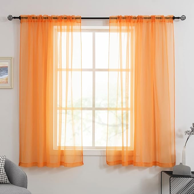 HUTO Orange Sheer Curtains 45 inches Long for Bedroom Top Rod Pocket Sheer Window Panels Curtains for Nursery Living Room 52 by 45 Inch Length Set of 2