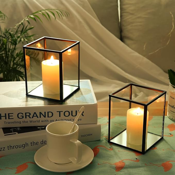 Phosphor Set of 6 PCS Small Glass Hurricane Camdle Holder, Black Candle Holder for Wedding, Party, Holiday.
