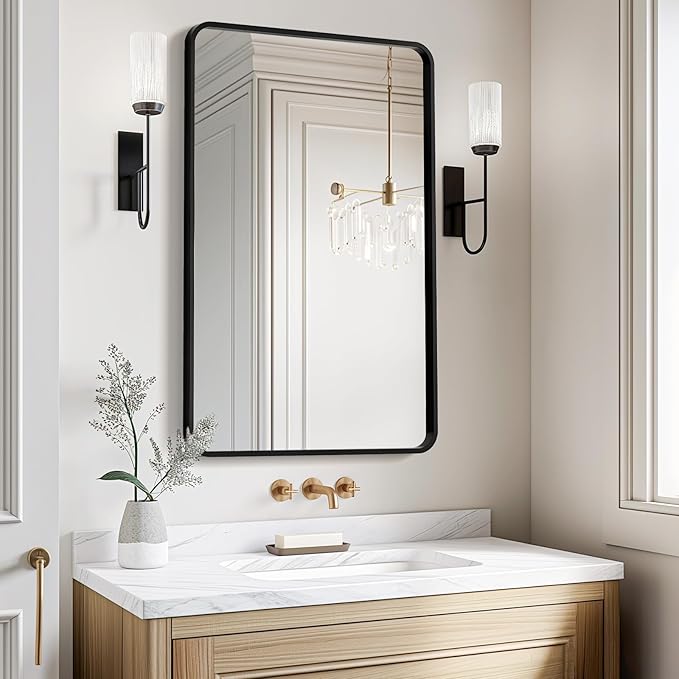 USHOWER Bathroom Mirrors for Over Sink, Metal Frame Rectangle Mirror, Modern Farmhouse Vanity Mirror, Wall Mounted for Bedroom, Living Room, Entryway Remodel & Upgrade, Matte Black, 24 x 36 Inch