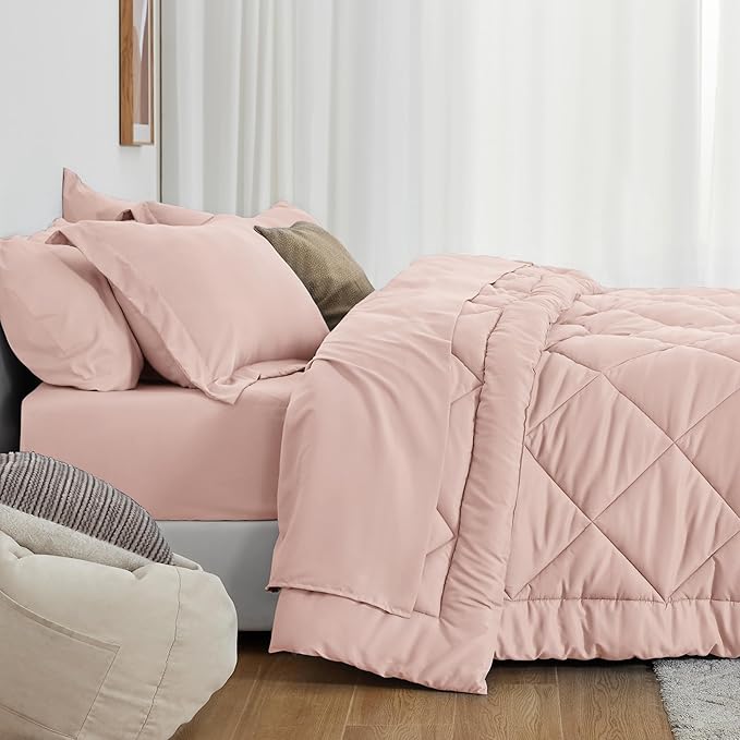 Love's cabin California King Comforter Set Pink, 7 Pieces California King Bed in a Bag, All Season Bedding Sets with 1 Comforter, 1 Flat Sheet, 1 Fitted Sheet, 2 Pillowcase and 2 Pillow Sham