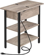HOOBRO Side Table, Flip End Table with Charging Station and Shelves, USB Ports & Power Outlets, Narrow Nightstand for Small Spaces, Living Room, Stable and Sturdy, Greige and Black BG341BZ01
