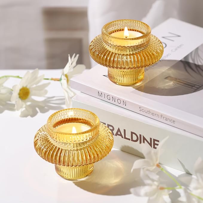 Candlestick Holders Taper Candle Holders, Gold Candle Stick Candle Holder for Wedding, Ribbed Tealight Candle Holders for Bridal Shower Party Table Decor, Modern Home Decor (8 Pcs, Gold)