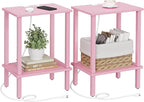 TUTOTAK End Table with Charging Station, Set of 2, Small Side Table with Outlets, Nightstand Bedside Table, 2-Tier Storage Shelf for Small Space, Living Room, Bedroom Pink TB01BP041