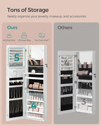 SONGMICS 55 Inches Tall Spacious Jewelry Cabinet, Jewelry Armoire with Light-Up Interior Mirror, Wall or Door Mounted Jewelry Storage Organizer, Lockable, Gift Idea, Cloud White UJJC032W01