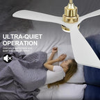 BOJUE 52 Inch Gold Ceiling Fans with Lights and Remote, Dimmable LED Light, Modern Solid Wood Ceiling Fan with Light for Indoor/Outdoor Farmhouse, Bedroom, Patio - Gold Finish and White Blades