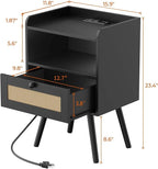 SUPERJARE Nightstands with Charging Station, Bedside Table Set of 2 with PE Rattan Drawers, Rattan Side Table with Storage & Solid Wood Feet, End Table for Bedroom, Black