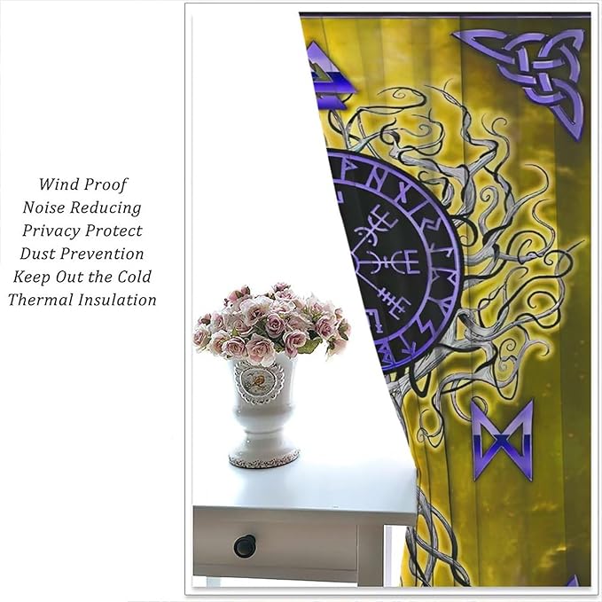Viking Blackout Curtains Scandinavian Pirate Totem Mythology Golden Tree of Life Printed Curtain Bedroom and Living Room Decoration Blackout Curtains W42 * L63 Inch