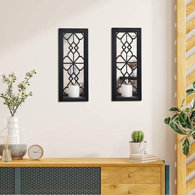 Wood Wall Sconce Candle Holder Set 2, Rustic, Wall-Mount, Farmhouse Hanging Wall Décor, Carved Wood Frame, Mirrored Candle Holder (Black)