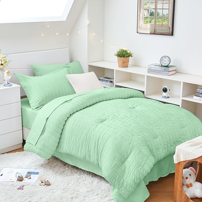 HYMOKEGE Mint Green Twin XL Comforter Set Seersucker 5 Pieces, All Season Luxury Bed in a Bag for Bedroom, Bedding Set with Comforter, Sheets, Pillowcase & Sham