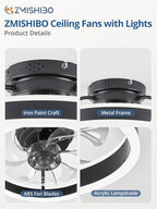 ZMISHIBO Low Profile Ceiling Fans with Lights and Remote, 13 Inch Fandelier Ceiling Fan with Light, Black Modern Flush Mount Ceiling Fan, Small Dimmable LED Fan Lights for Bedroom