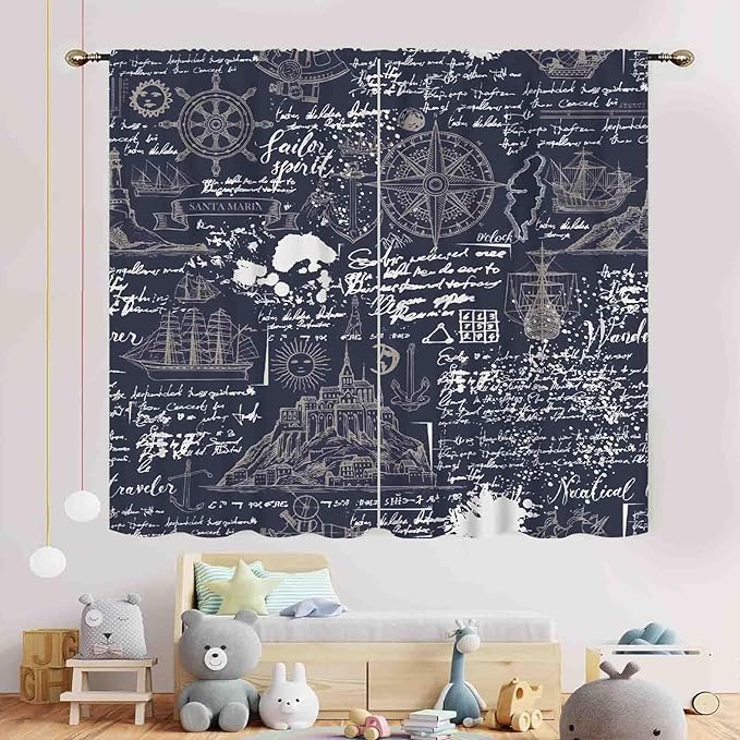Vintage Nautical Curtains, Marine Coastal Sailboat Compass Anchor Ocean Beach Old Pirate Map Navy Blue Blackout Retro Drapes for Bedroom Living Room Kitchen Bathroom Window 2 Panels, 84"x63" Inch