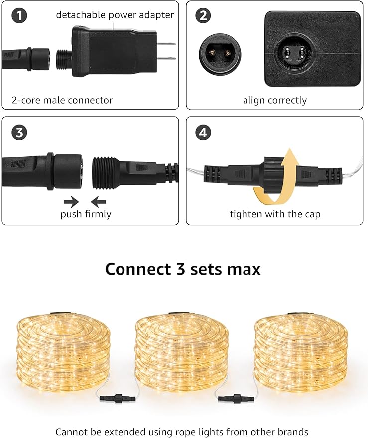 LE 33ft 240 LED Rope Lights Outdoor 24 Volts, 3/8 inch Clear Tube, Upgraded 2700K Warm White, Connectable (Up to 3 Sets), Not Dimmable, Waterproof String Lights for Patio Deck Railing Stair Landscape