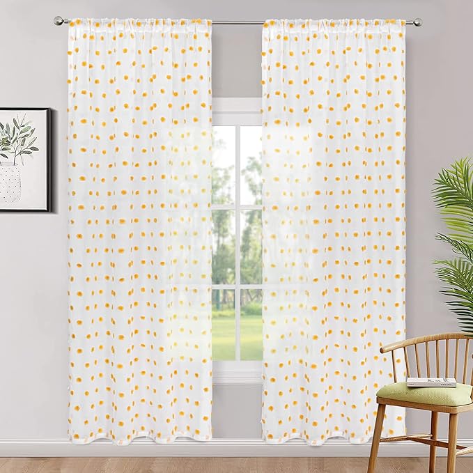 MYSKY HOME Orange Pom Pom Sheer Curtains for Girls Bedroom & Nursery - 72 Inch Long, 2 Panels, Light Filtering, Rod Pocket, Semi Window Drapes - 52 x 72 inch