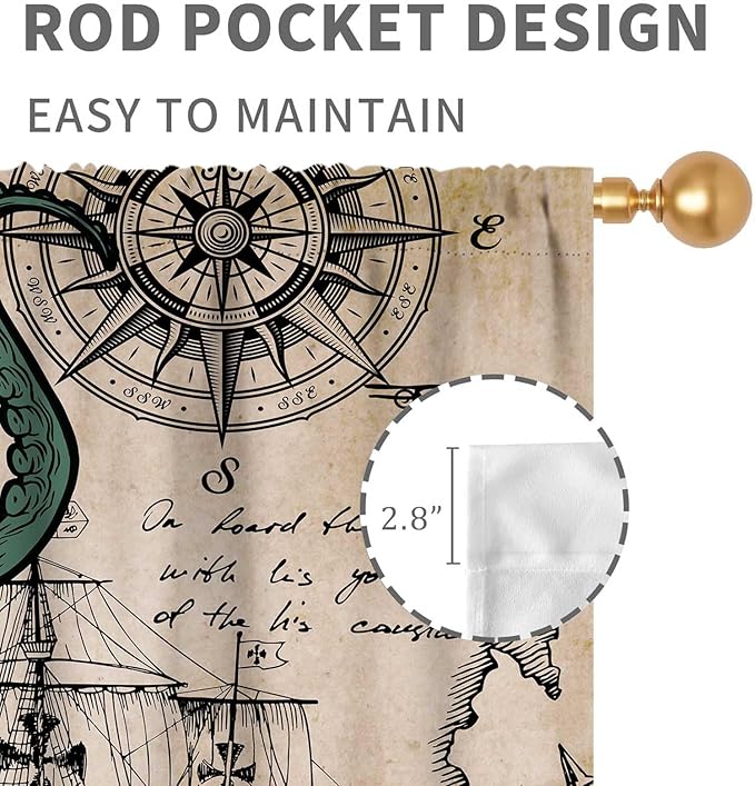 Nautical Octopus Curtains, Coastal Old Pirate Map Sailboat Compass Vintage Magic Ocean Kraken Octopus Tentacles Window Drapery Treatment for Bedroom Living Room Kitchen Bathroom 2 Panels, 42"x45" Inch