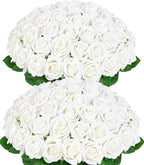 BLEUM CADE 50 Pcs White Roses Artificial Flowers, Real Touch Velvet Roses Fake Flowers Bulk, Artificial Roses Bouquet with Long Stems Bridal DIY Wedding Party Centerpiece Decorations