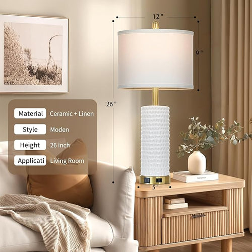 26" White Table Lamps for Living Room Set of 2, Ceramic Bedroom Lamps for Nightstands, Modern Bedside Lamps for Bedroom Living Room, Nightstand Lamps for End Table, Hallway, Gold and White