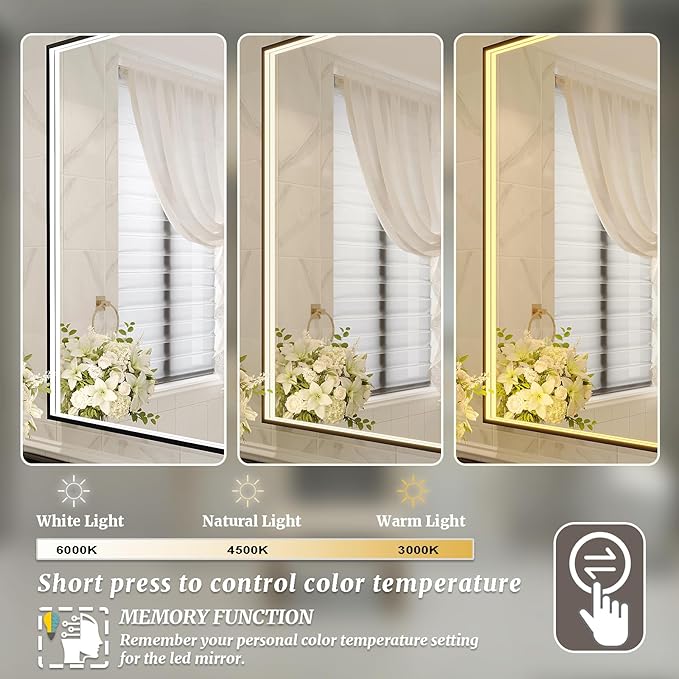 30x36 Inch LED Bathroom Mirror, Black Metal Framed Lighted Mirror for Bathroom, Wall Mouted LED Vanity Mirror with Lights, 3 Colors and Stepless Dimmable, Anti-Fog, Memory