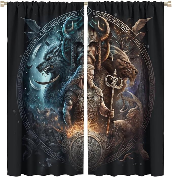 Cool Norse Viking Theme Curtains - Fantasy Ancient Symbols Wildlife Wolf Nordic Vikings Thermal Insulated Blackout Curtains - Rod Pocket Window Treatment Drapes for Bedroom 2 Panels 72L x 31.5W