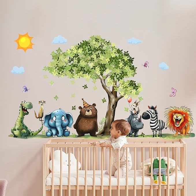 Jungle Animal Wall Stickers Forest Safari Wall Decals Kid Room Nursery Baby Bedroom Décor (Tree Cartoon Animals)
