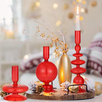 Rtteri 3 Pcs Glass Candlestick Holders Glass Candle Holders Groovy Wavy Elegant Taper Candle Stick for Wedding Home Birthday Party Christmas Halloween Decoration Windowsill Decor(Red)