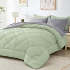 HEVUMYI Cali-King Comforter Set - 7-Piece All Season Bed in a Bag Cali-King, Ultra Soft Bedding Set with Comforter, Flat Sheet, Fitted Sheet, Pillowcases, Pillow Shams, Sage Green & Light Grey