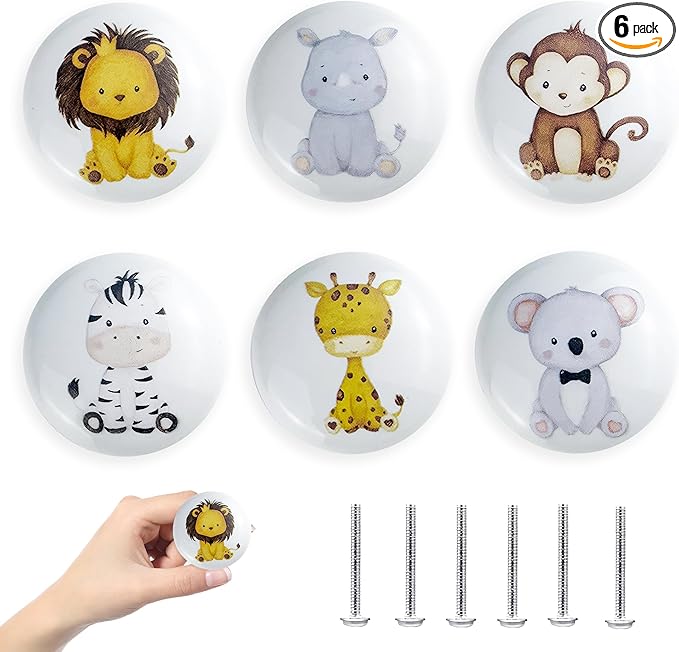 6 Pack 1.5" Ceramics Cute Animals Baby Nursery Room Dresser Drawers Knobs Kids Colorful Cabinet Handle Knobs (Monkey)