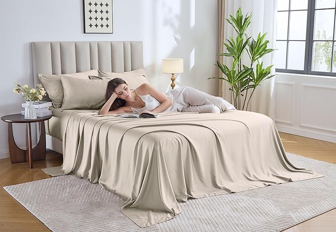 Pure Bamboo King Sheets, Genuine 100% Organic Viscose Derived from Bamboo Bed Sheet Set, Luxuriously Soft & Cooling, Double Stitching, Lifetime Quality Promise (King, Creme)