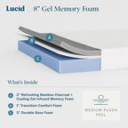 Lucid 8 Inch Memory Foam Mattress - Medium Plush Feel - Infused with Refreshing Bamboo Charcoal and Cooling Gel - Bed in a Box - Temperature Regulating - Pressure Relief - Breathable - Queen Size