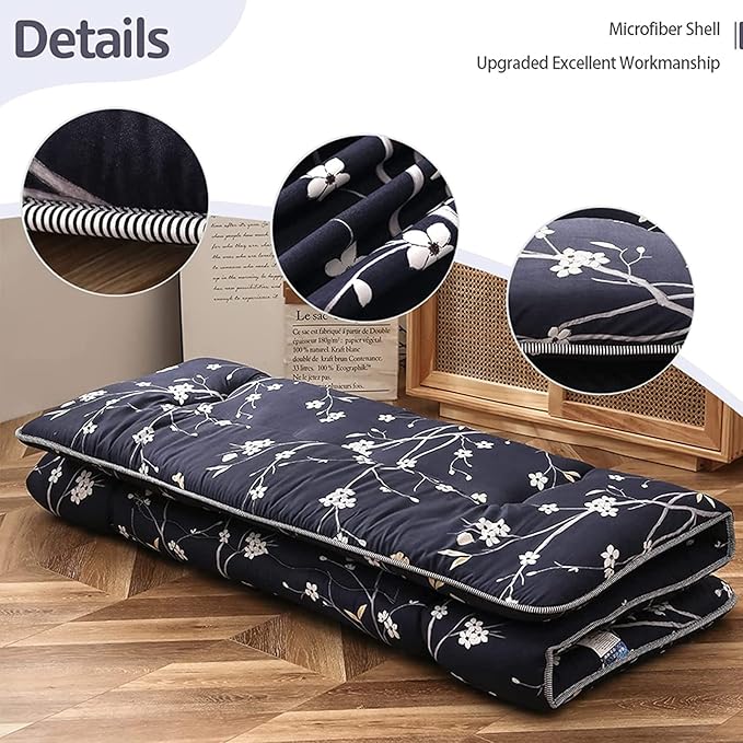 MAXYOYO Navy Floral Printed Japanese Floor Mattress Rustic Style Futon Mattress Foldable Bed Roll Up Camping Lounger Couches and Sofas Mattress Topper Twin Size