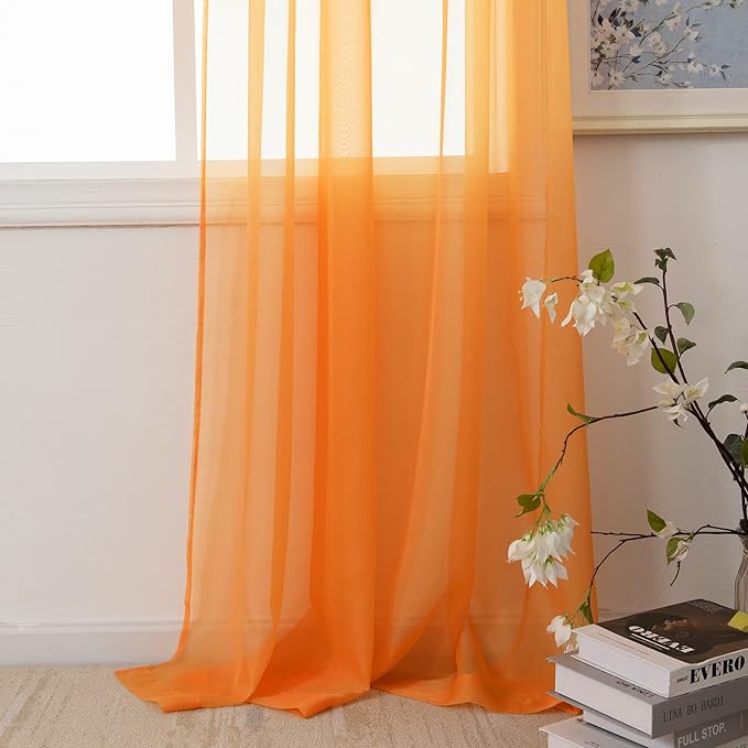 HUTO Orange 108 Sheer Curtains for Bedroom Rod Pocket Sheer Voile Window Curtains for Living Room Party Decor 52 by 108 Inches Long Set of 2 Panels