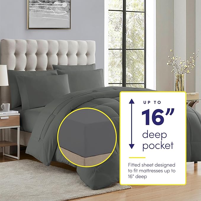 Queen Comforter Set with Sheets - 7-Piece Bedding Collection - 1 Comforter, 1 Fitted Sheet, 1 Flat, 4 Pillowcases - Deep Pocket - Soft & Breathable Premium Quality - Ideal for All Seasons, Gray