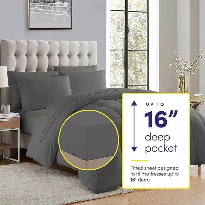 Sweet Home Collection 5 Piece Comforter Set Bag Solid Color All Season Soft Down Alternative Blanket & Luxurious Microfiber Bed Sheets, Gray, Twin