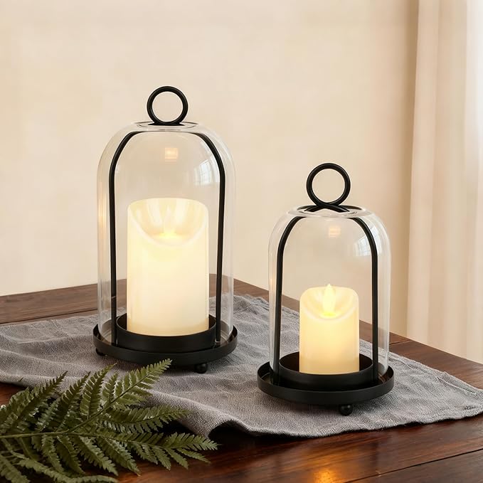 Glass Hurricane Candle Holder Decorative Gold Candle Lantern, Pillar Candlestick Holders Set of 2, Hanging Metal Holder Modern Table Centerpieces, Black