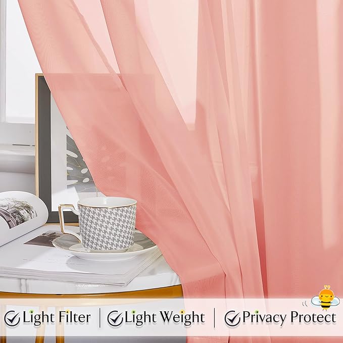 RYB HOME Long Sheer Curtains Scarf for Wedding Canopy Bed Kids Room Birthday Party Backdrop Outdoor Indoor Decor Long Scarf Windows Valance, 60 x 216 in per Panel, 1 Pair, Peach
