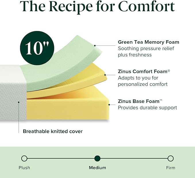 ZINUS 10 Inch Full Green Tea Memory Foam Mattress [New Version], Fiberglass free, Medium Firm Feel, Zoned Pressure Relief, Certified Safe Foams & Fabric, Mattress in A Box