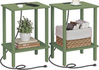 TUTOTAK End Table with Charging Station, Set of 2, Small Side Table with Outlets, Nightstand Bedside Table, 2-Tier Storage Shelf for Small Space, Living Room, Bedroom Olive Green TB01BOG041