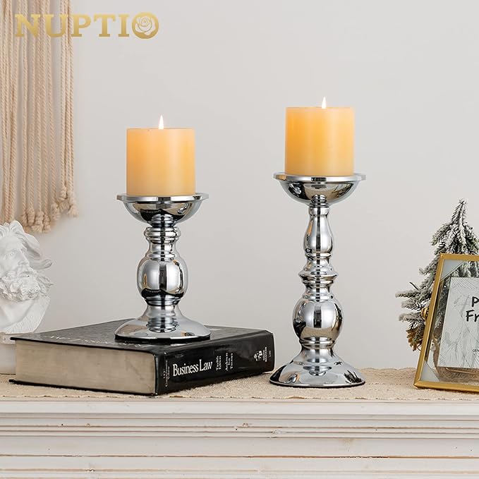 Nuptio Pillar Candle Holders Metal Candle Holder Ideal for 3 inches Candles, Silver Candle Holder for Living Room, Gardens, Spa, Aromatherapy, Incense Cones, Wedding, Party, 2 Pcs