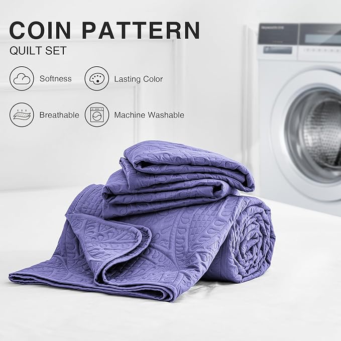 Love's cabin Quilts for Full Bed Deep Purple Bedspreads Bedding Set - Lightweight Bedspread Comforter - Coin Pattern Bedding Coverlet for All Season - 3 Pieces (1 Quilt, 2 Pillow Shams)
