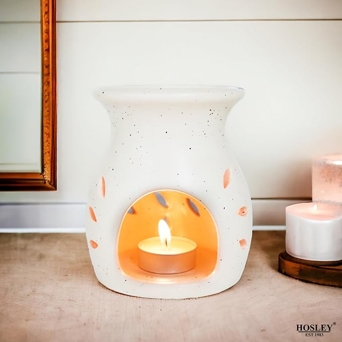 Hosley Elegant Ceramic Oil Warmers with Leaf Pattern and Speckle Design 4.5 Inches High Tealight Compatible for Aromatherapy and Home Decor Set of 3