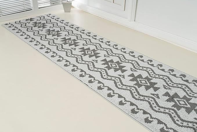 Custom Size Southwestern Style Runner Rug Mat for Wide Hallway Entryway Kitchen Laundry Room with Slip Resistant Latex Rubber Backing, Aztec Light Grey, 31 inch X 10 feet