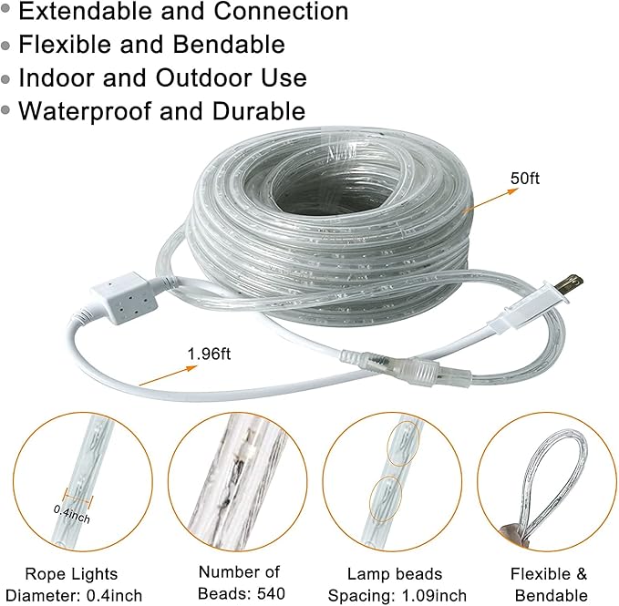 SURNIE Rope Lights Outdoor Waterproof Daylight White: LED 50FT Cuttable Outside Bright 110V Lighting Connectable Flexible Plug Cool Clear Tube, Indoor Deck Patio Xmas Camping Decor, Not Flat Strip