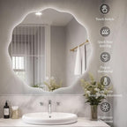 WallBeyond LED Bathroom Mirror with Lights, 28'' Wavy Round Light Up Bathroom Mirror, Anti Fog Led Mirror for Bathroom, 3 Colors and Dimmable Light