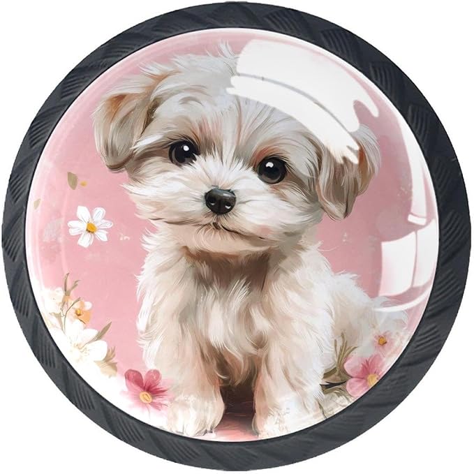 4 Pieces Drawer Knobs Puppy Dog with Flowers on Pink Background 35mm Black Base Dresser Knobs Closet Door Cabinet Hardware Handles Pulls for Kitchen Bedroom Cupboard