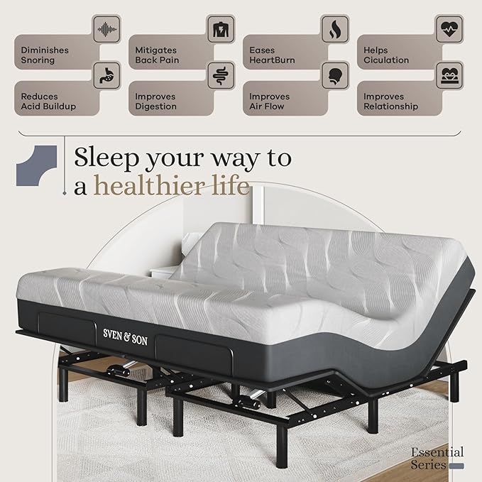 Sven and Son Essential Adjustable Bed Base (Frame) + 14 inch Hybrid Spring Matt (Medium Soft), Easy Assembly, Head and Foot Lift, Memory Positions, Zero Gravity, Wireless Remote - King